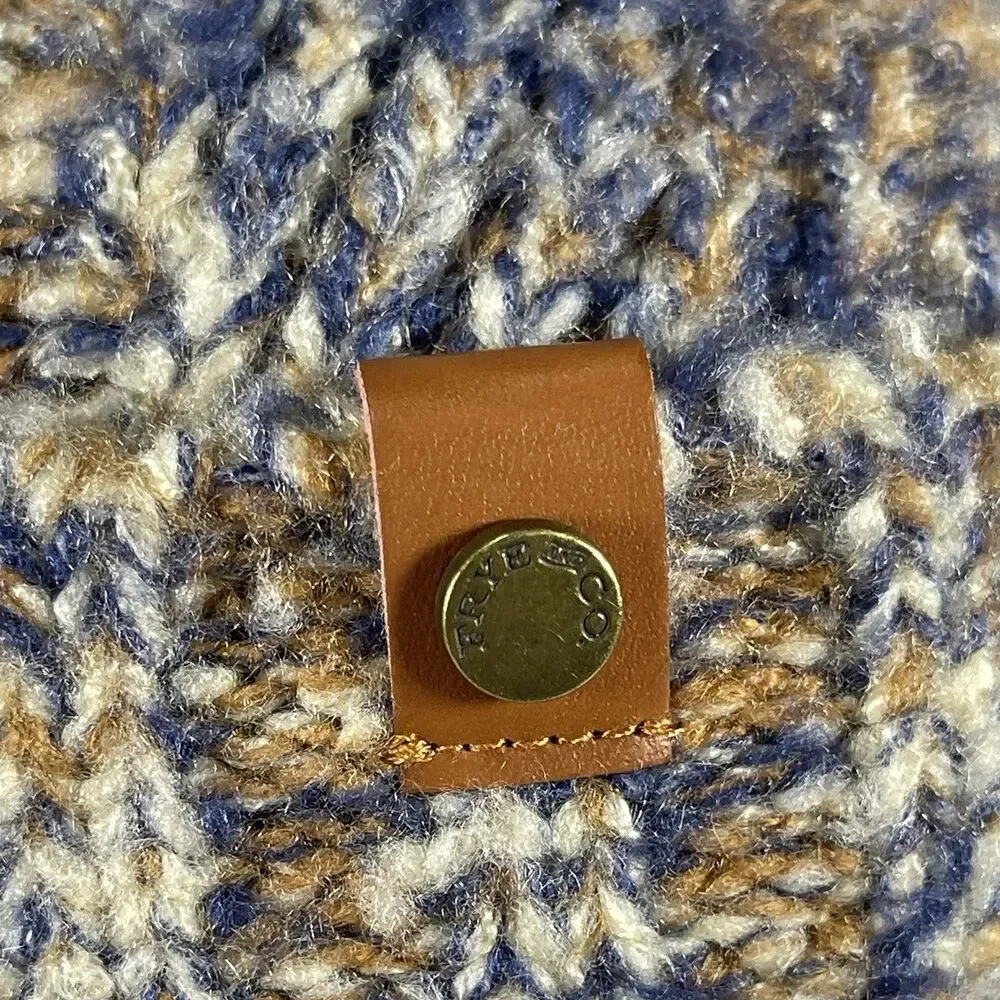 Frye and Co. Marled Knit Beanie Hat Blue Brown Tan Faux Leather Logo Tab One Six